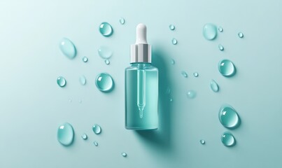 A serum bottle with pipette surrounded by drops of serum, set against a minimalistic one-color background for a clean, skincare look