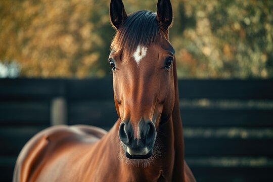 A brown horse with a distinctive white spot on its forehead, perfect for equine-themed images or rural landscapes
