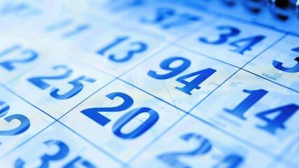 Close-up of blue toned calendar with dates highlighted for scheduling and planning concepts