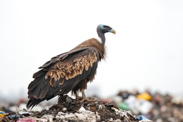 Fototapeta premium A large bird stands atop a pile of trash, seeking food or shelter