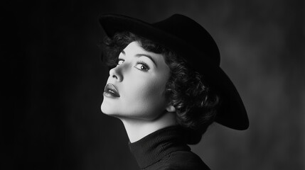 A black and white portrait depicts a woman wearing a black hat, posed against a black backdrop. 