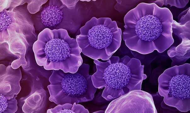 Generate an image of cancer cells under a microscope. The cancer cells should be purple and the background should be dark.
