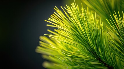 A close-up shot of a pine tree with water droplets glistening on its needles, perfect for use in nature-inspired designs and illustrations