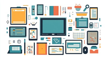Fototapeta premium A flat design illustration of various office supplies and technology devices such as a computer monitor, laptop, tablet, smartphone, keyboard, mouse, pen, and paper on a white background.