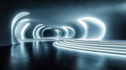 Obraz premium Futuristic tunnel with glowing neon lights and curved walls.