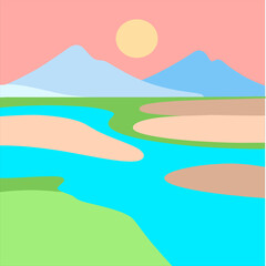 Serene Landscape with a River Flowing Through Mountains. A collection of colorful speech bubbles on a blue background, representing communication, dialogue, and conversation.