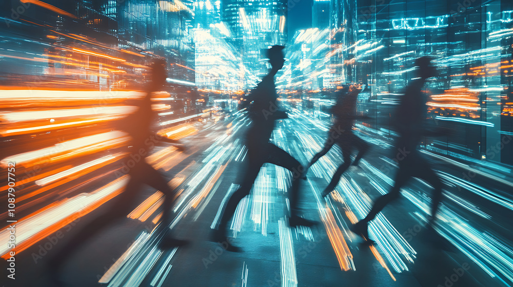 Fototapete A conceptual image illustrating business agility with dynamic figures or symbols representing adaptability, speed, and innovation in a corporate setting