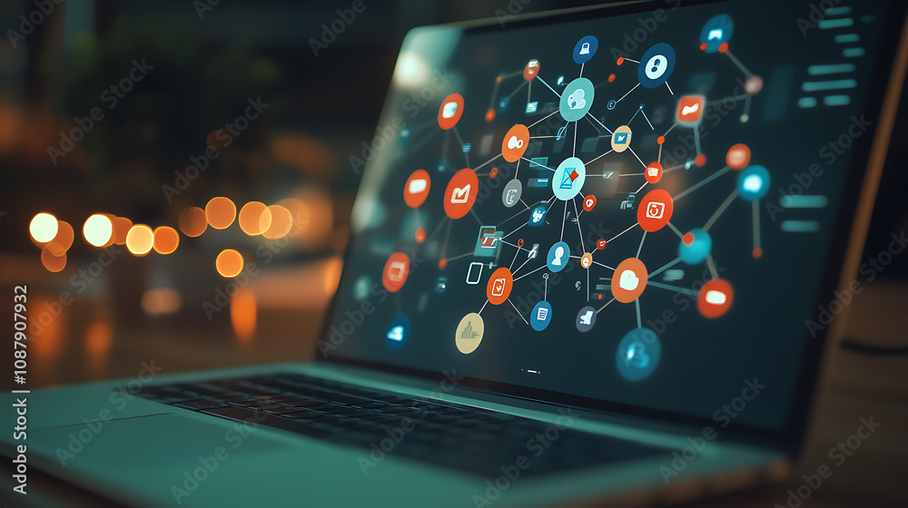Poster a social network connection with icons and connections on a laptop screen, representing the concept 