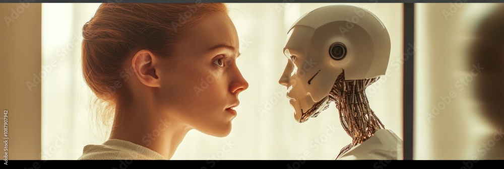 Poster a person stands before a digital mirror, captivated by the robotic reflection, exploring the connect