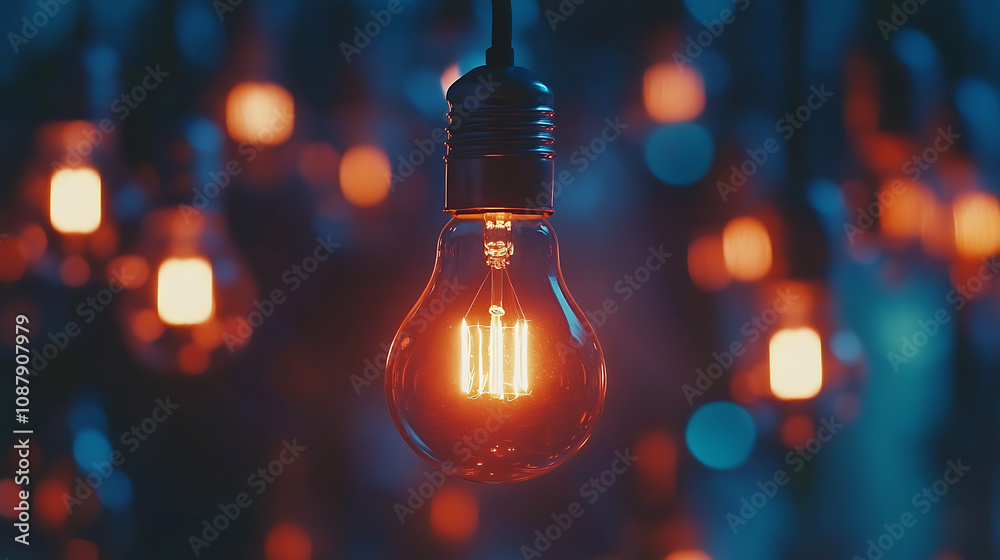 Poster a single illuminated light bulb glowing brightly amongst a group of dim or unlit bulbs, symbolizing 
