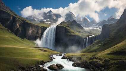 Fototapeta premium Crystal Clear Waterfall Descends From Mountain Top