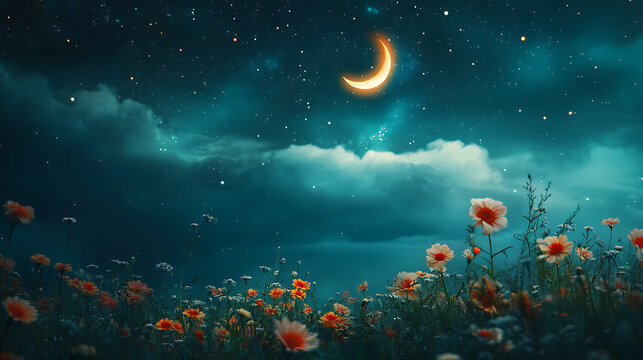 A serene stylized landscape, sleep meditation concept, featuring flowers in the foreground, a peaceful night sky sprinkled with stars, and a glowing crescent moon
