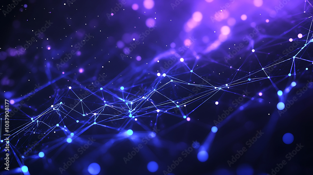 Poster abstract background with glowing purple stars and lines on blue gradient background