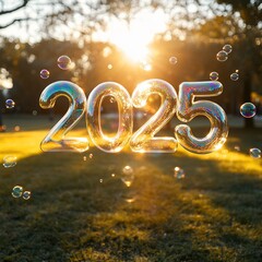 Playful 2025 Formed by Shimmering Soap Bubbles in Sunlit Park – Iridescent and Magical Celebration Scene