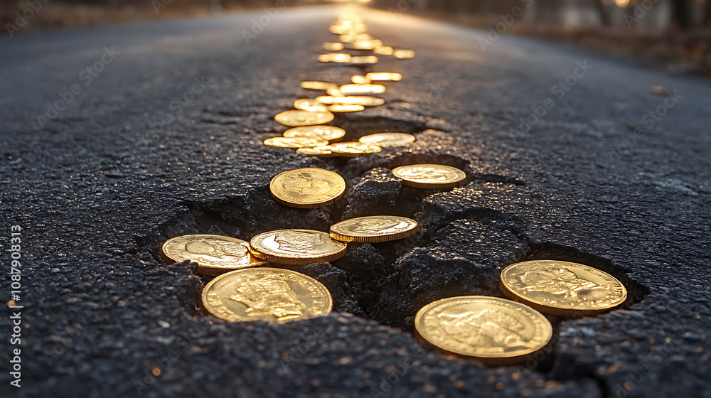 Poster an image depicting a damaged asphalt road with numerous shiny gold coins wedged into its deep cracks