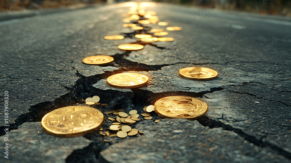 Poster an image depicting a damaged asphalt road with numerous shiny gold coins wedged into its deep cracks