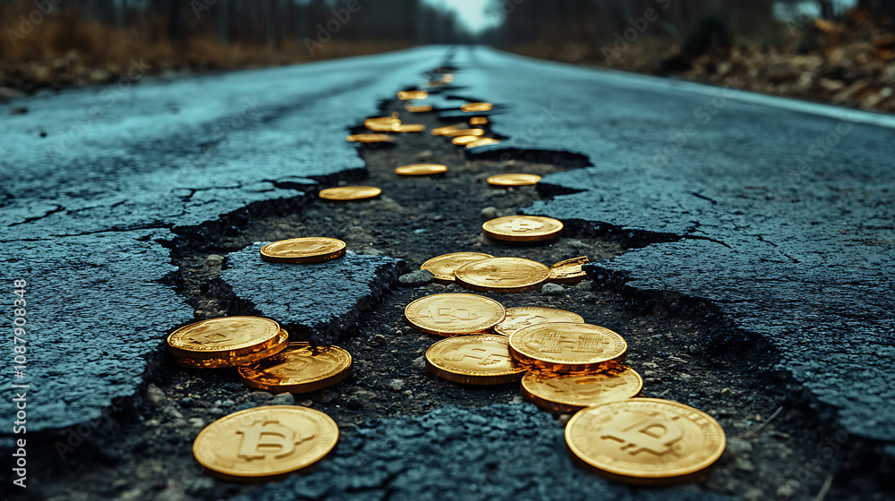 Poster an image depicting a damaged asphalt road with numerous shiny gold coins wedged into its deep cracks