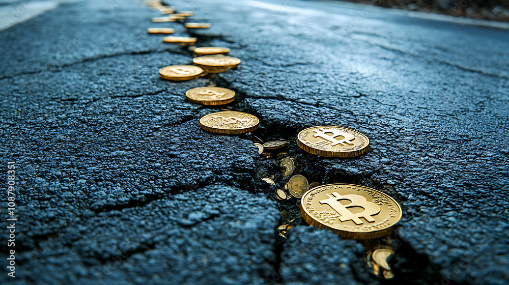Poster an image depicting a damaged asphalt road with numerous shiny gold coins wedged into its deep cracks