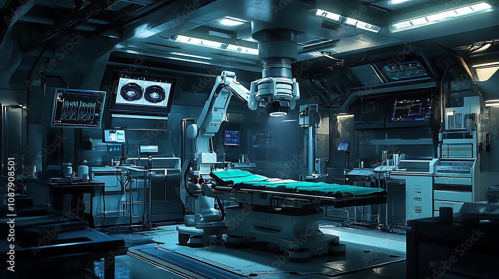 Poster a surgical room equipped with advanced robotic technology, including a surgical robot arm, portrayed