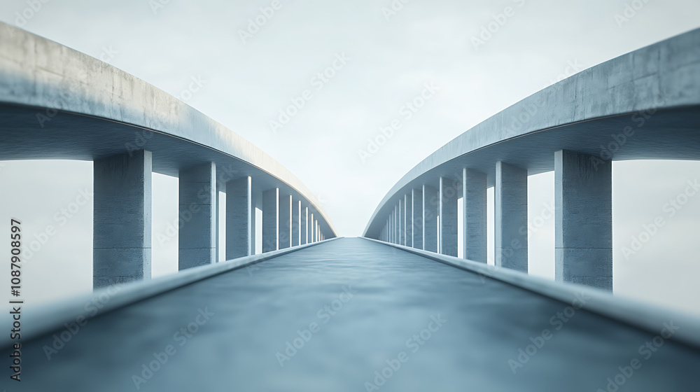 Poster Concept of business success bridge illustrating industry strategy and economic solutions that connect two separate paths, represented in a 3D render