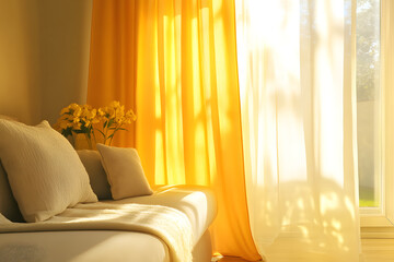Bright and Cheerful Ray Flower Decor: Sunny Yellow Curtains and Natural Light in Cozy Living Room