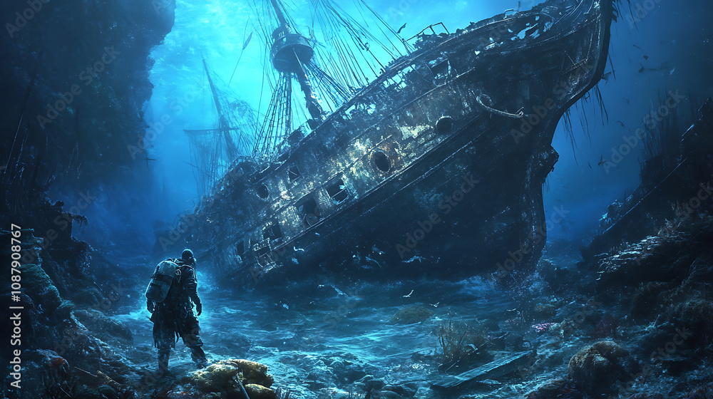 Poster diver exploring a mysterious shipwreck on the ocean floor
