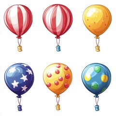 Obraz premium Six cartoon hot air balloons with different colorful patterns isolated on a white background.