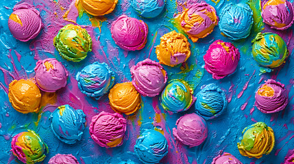 Obraz premium Hand holding a cone with ice-cream in pastel colours with a ice cream truck in background