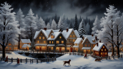 雪の聖夜の村の風景　AI画像　ジェネレーティブAI