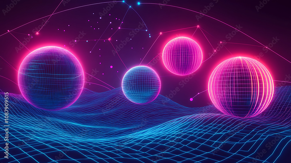 Leinwandbilder abstract, neon-lit 3d mesh objects and shapes set against a wireframe wavy geometric background, rem