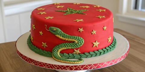 Round Cake with Gold Stars A smooth round cake covered in vibrant red icing embellished with small gold stars. A detailed s crafted from green icing slithers around the base of the