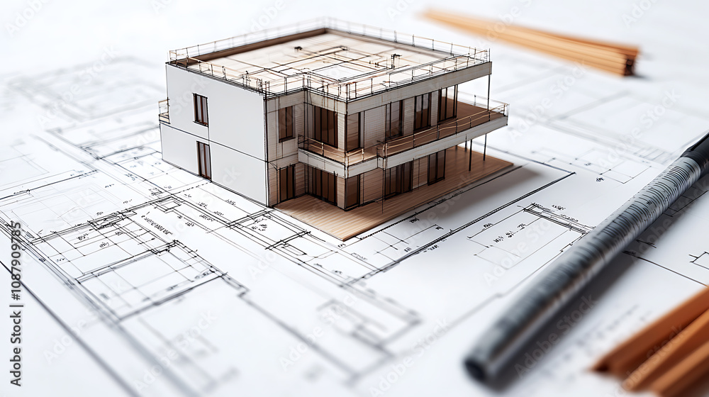 Poster architect's project for the construction of a modern residential house in the form of a sketch with 