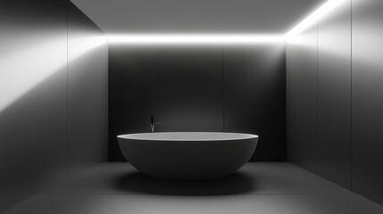A sleek and modern black and white bathroom interior with minimalist design. The 3D rendering showcases clean lines, geometric shapes, and a focus on functionality