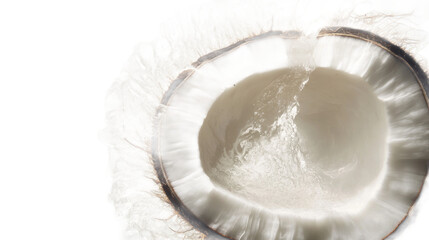 Fresh Coconut with Water Splashing Out, Close-Up View of a Whole Coconut Shell, Natural Tropical Fruit Isolated Against a Black Background for Culinary or Spa Use