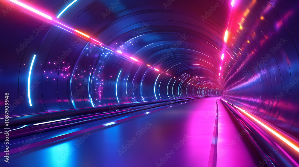 Leinwandbilder futuristic 3d neon tunnel with glowing lines and floating particles abstract technology background i