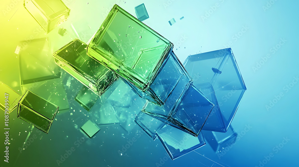 Aufkleber futuristic blue and green 3d abstract technology background geometric shapes and glowing lines digit