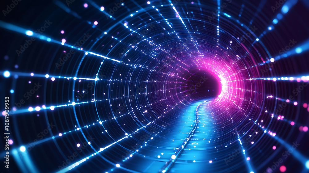 Fototapete futuristic 3d neon tunnel with glowing lines and floating particles abstract technology background i