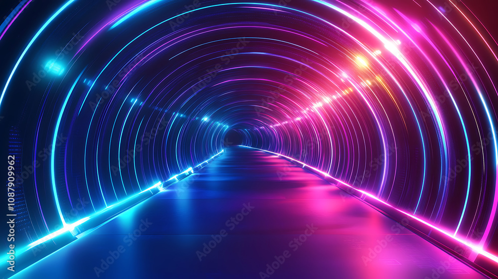 Leinwandbilder futuristic 3d neon tunnel with glowing lines and floating particles abstract technology background i