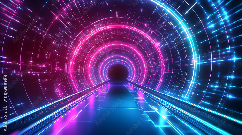 Aufkleber Futuristic 3d neon tunnel with glowing lines and floating particles abstract technology background illustration