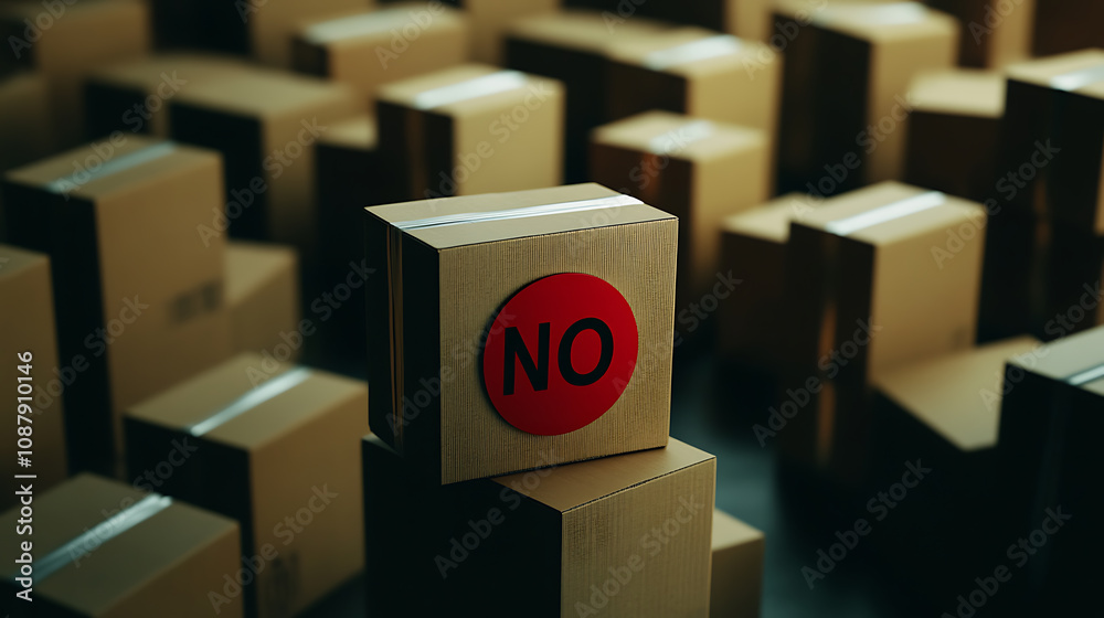 Poster cardboard boxes and a red no symbol depicting trade restrictions and embargoes