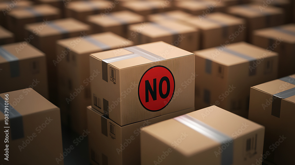 Poster cardboard boxes and a red no symbol depicting trade restrictions and embargoes