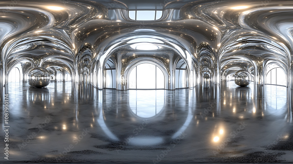 Poster Futuristic virtual reality 360 studio with shiny reflective surfaces hdri panoramic environment for vr content creation 3d rendering