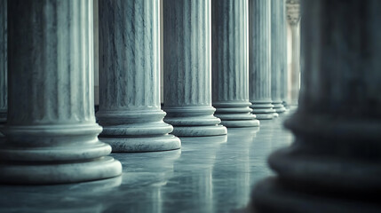 Close up of the marble pillars with a side view of a court building, with an unblurred background Space for a banner in the right part with a copy area