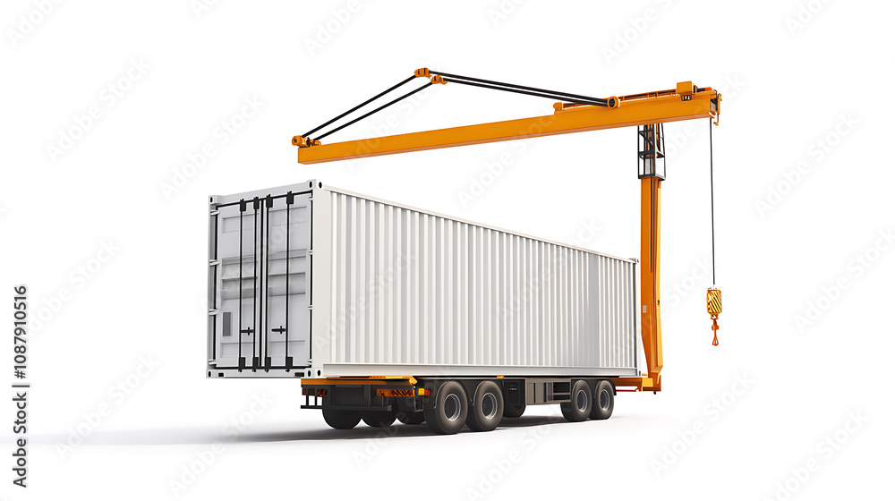 Aufkleber 3d rendering of a shipping container being carried by a mobile crane, barely isolated on white backg