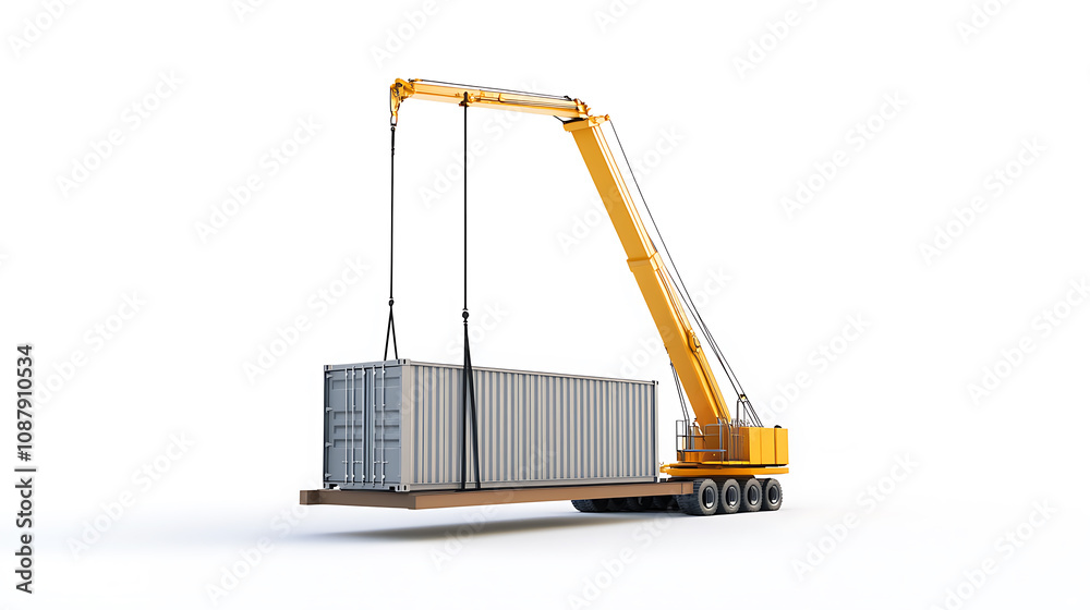 Poster 3d rendering of a shipping container being carried by a mobile crane, barely isolated on white background
