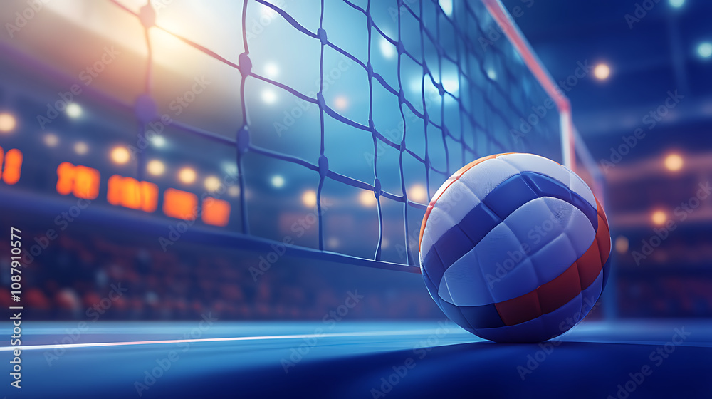 Poster a 3d illustration of a volleyball ball and net in an arena during a match, capturing the competitive