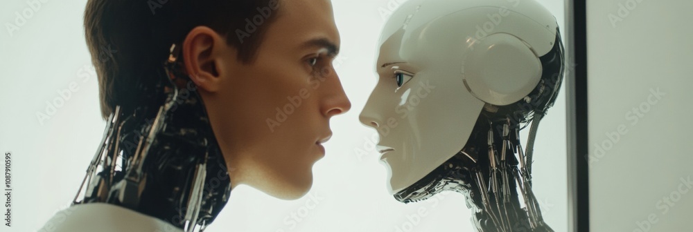 Leinwandbilder a human is intently looking into a digital mirror, where the reflection shows an ai robot's face, hi