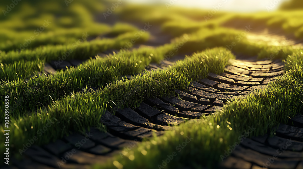 Poster a 3d illustration creatively uses tire tracks as grass, blending elements of nature with automotive 