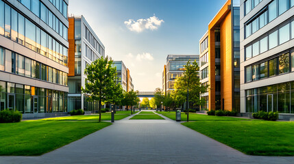Naklejka premium Modern campus with modern architecture, green lawns and trees in front of the building
