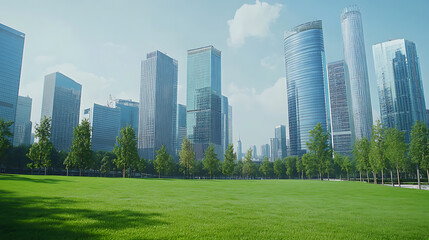 Obraz premium Modern office buildings with green lawns in the background of a commercial and business center